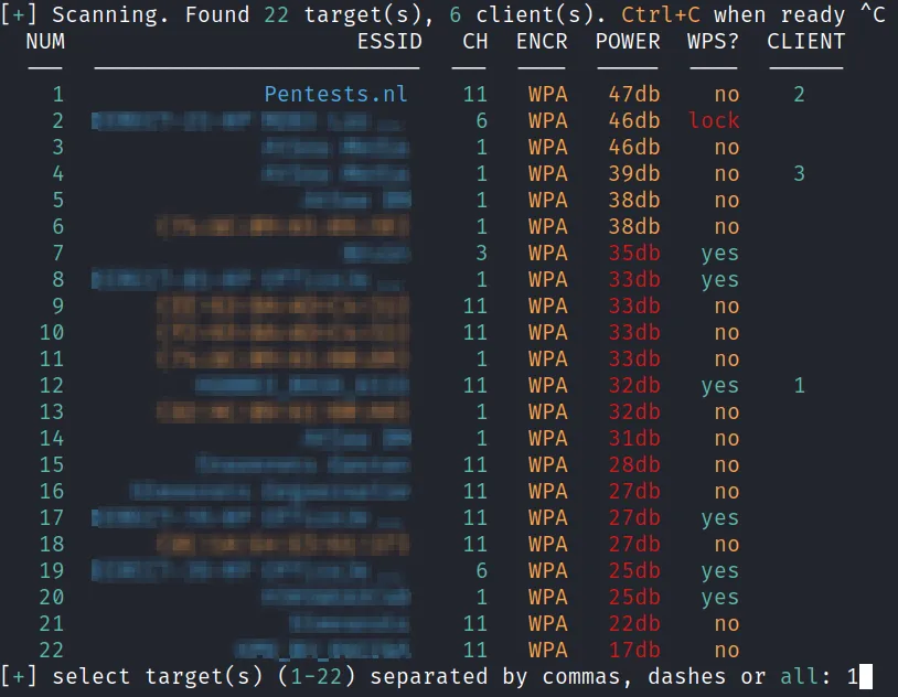 Wifite2 overzicht gevonden netwerken