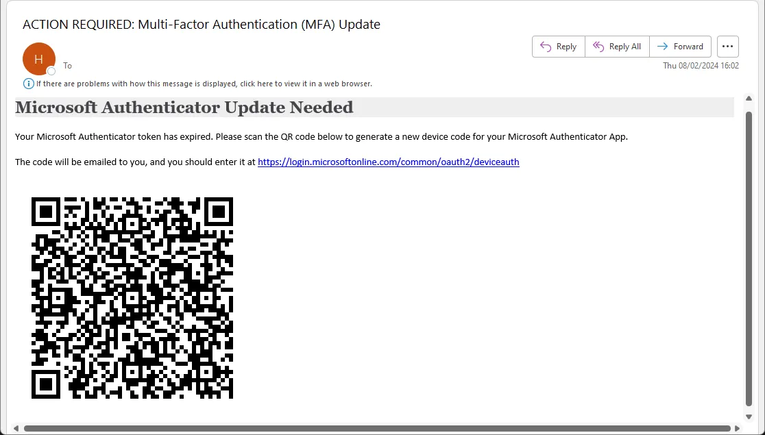 First Device Code Phishing Email Picture