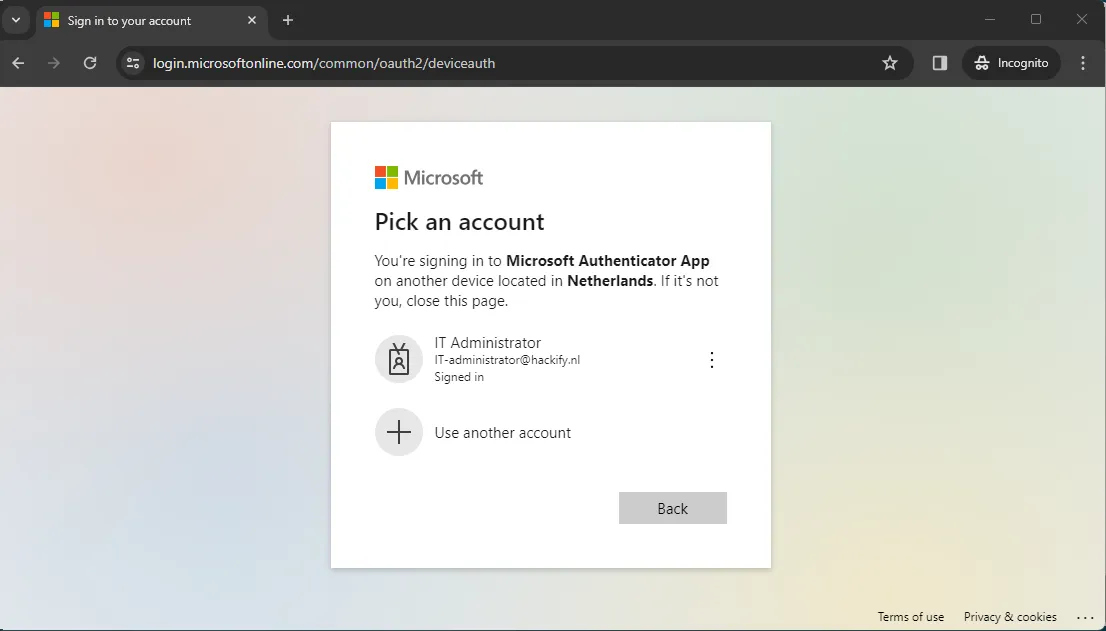 Third Device Code Phishing Website Picture