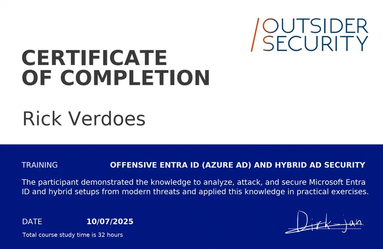 certificate of completion Outsider Security - Offensive Entra ID