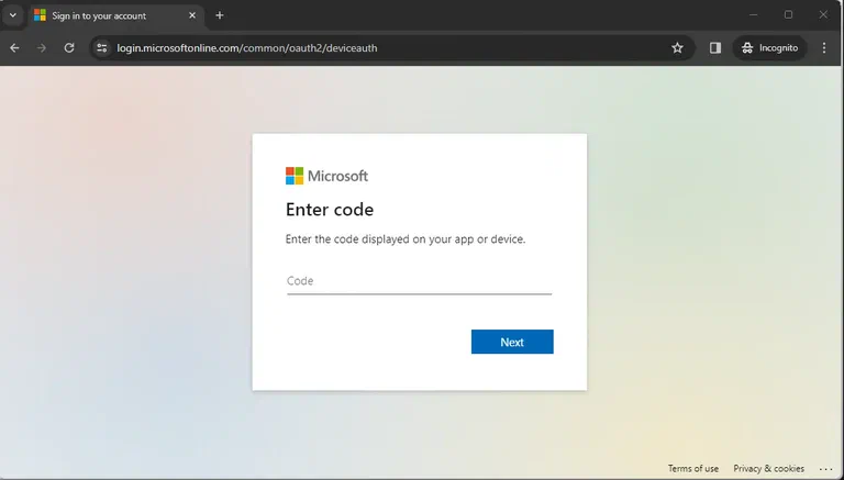 First Device Code Phishing Website Picture
