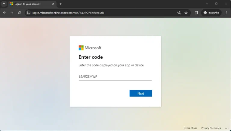 Second Device Code Phishing Website Picture