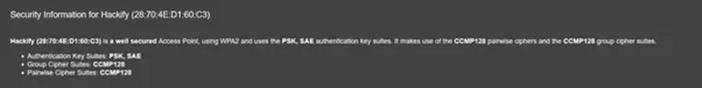 Security information of local Hackify Wi-Fi collected by the Wi-Fi Pineapple